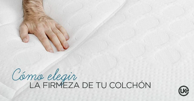 Mano presionando un colchón Unikonfort de tela acolchada blanca para probar su firmeza
