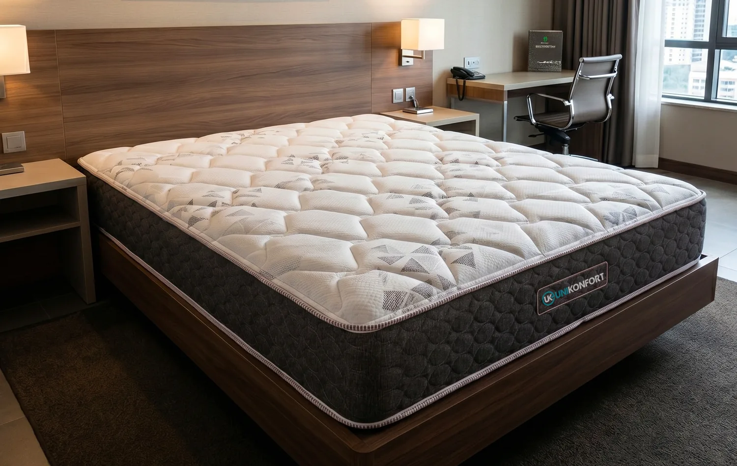 Colchón Unikonfort sobre base de madera en la habitación de un hotel de negocios