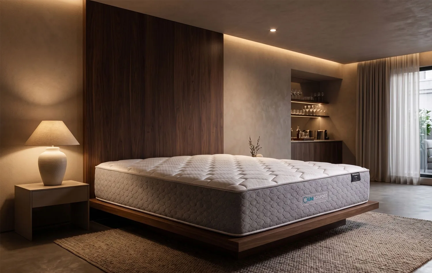 Colchón Boutique One de Unikonfort sobre base de madera en una suite de hotel boutique con iluminación cálida
