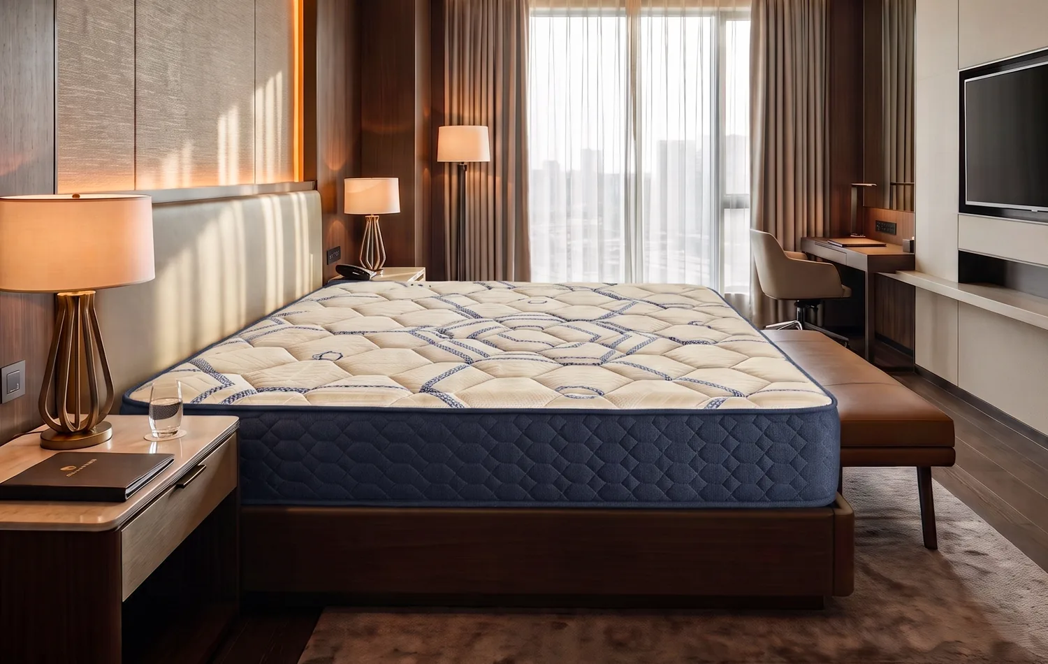 Colchón Unikonfort con tapa acolchada y costados azul marino en la habitación de un hotel